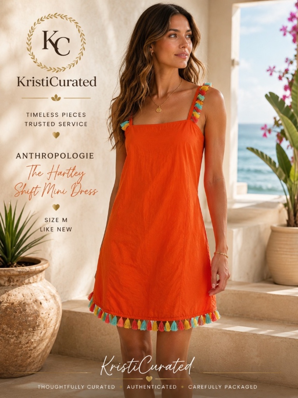 Anthropologie Hartley Tassel Shift Mini Dress Orange Size M